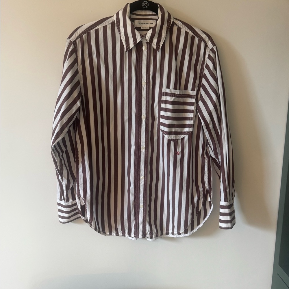 Victoria Beckham Patch Pocket Shirt in Chocolate Milk Stripe, US 4